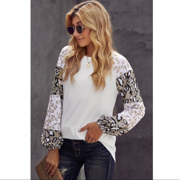 White Leopard Print Bubble Sleeve Top - Picture 4 of 5